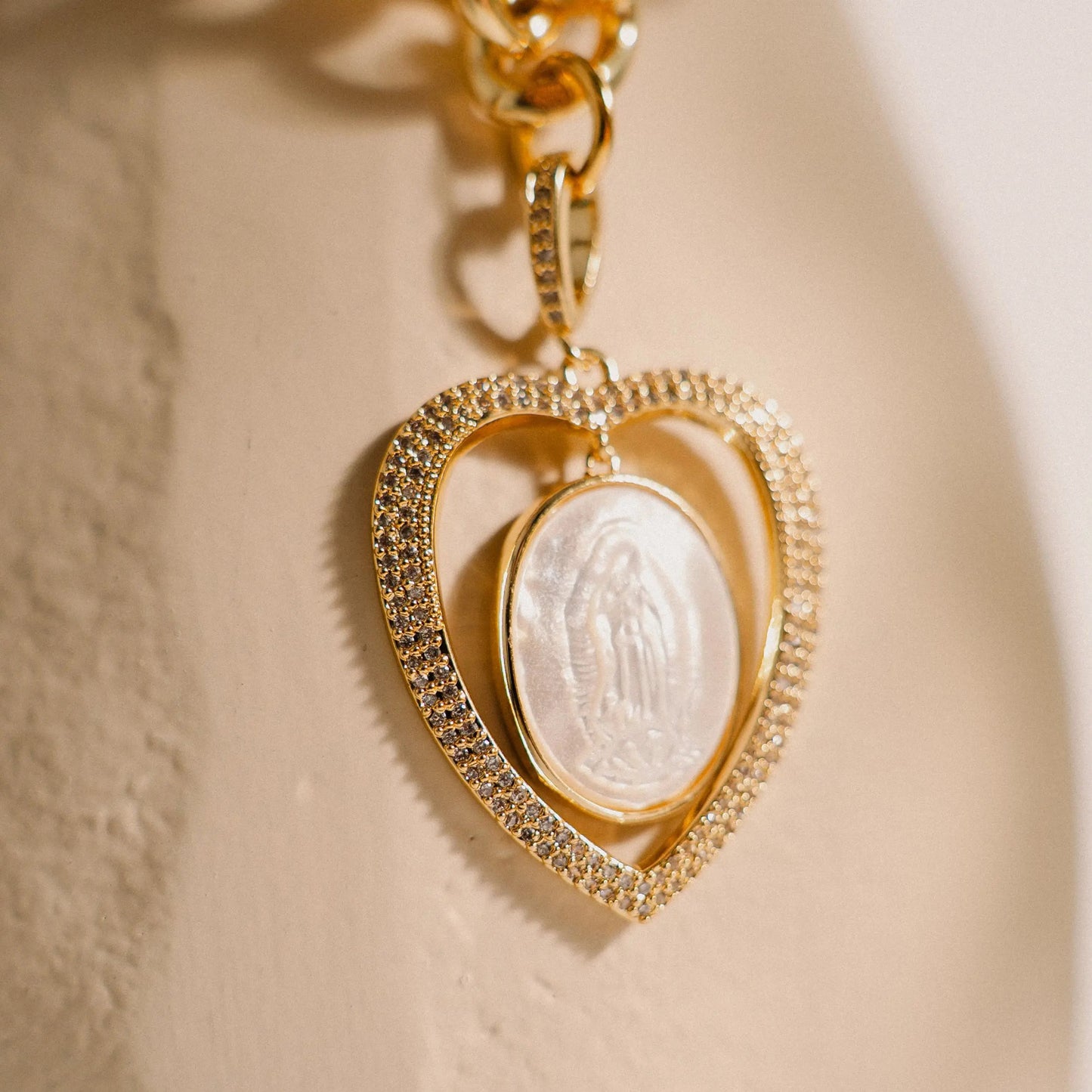 Catholic Gold Necklace, Mary Charm, Pearl Necklace