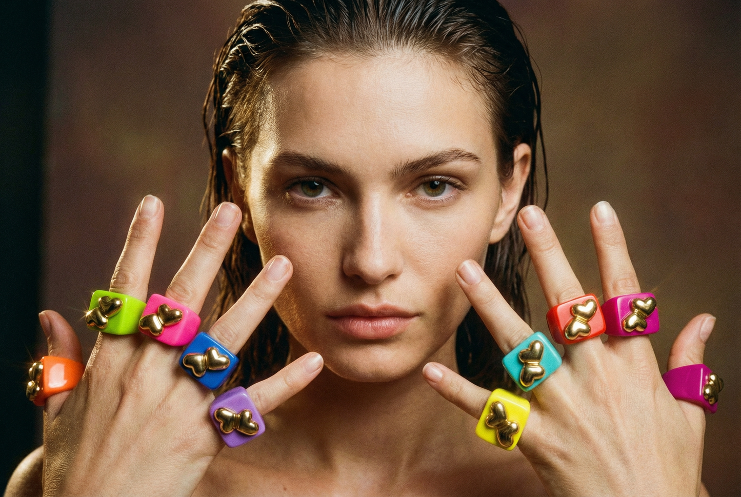 Resin Ring with 2 Gold Hearts