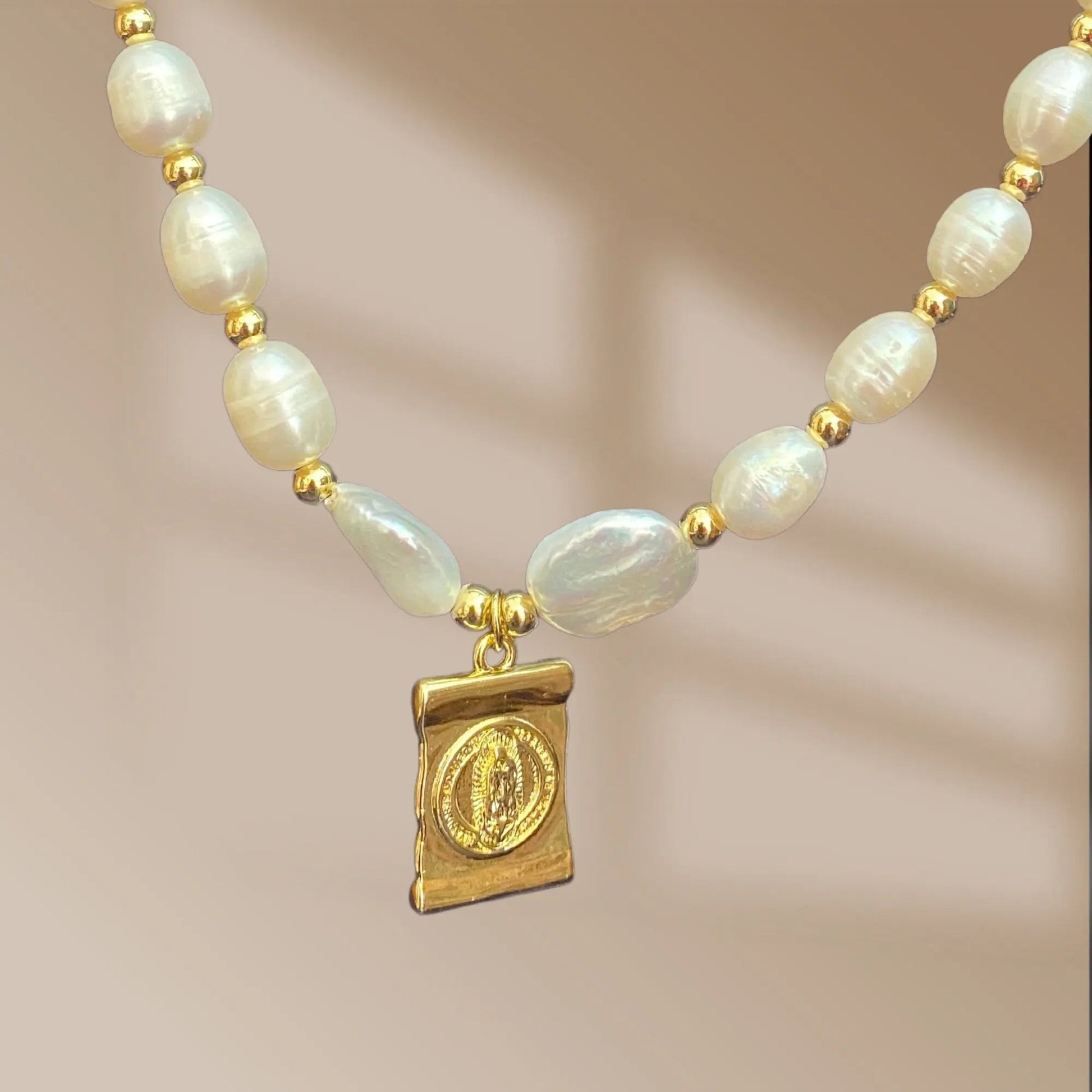 Pearl Necklace, Virgin Mary Charm, Best Gift for Her